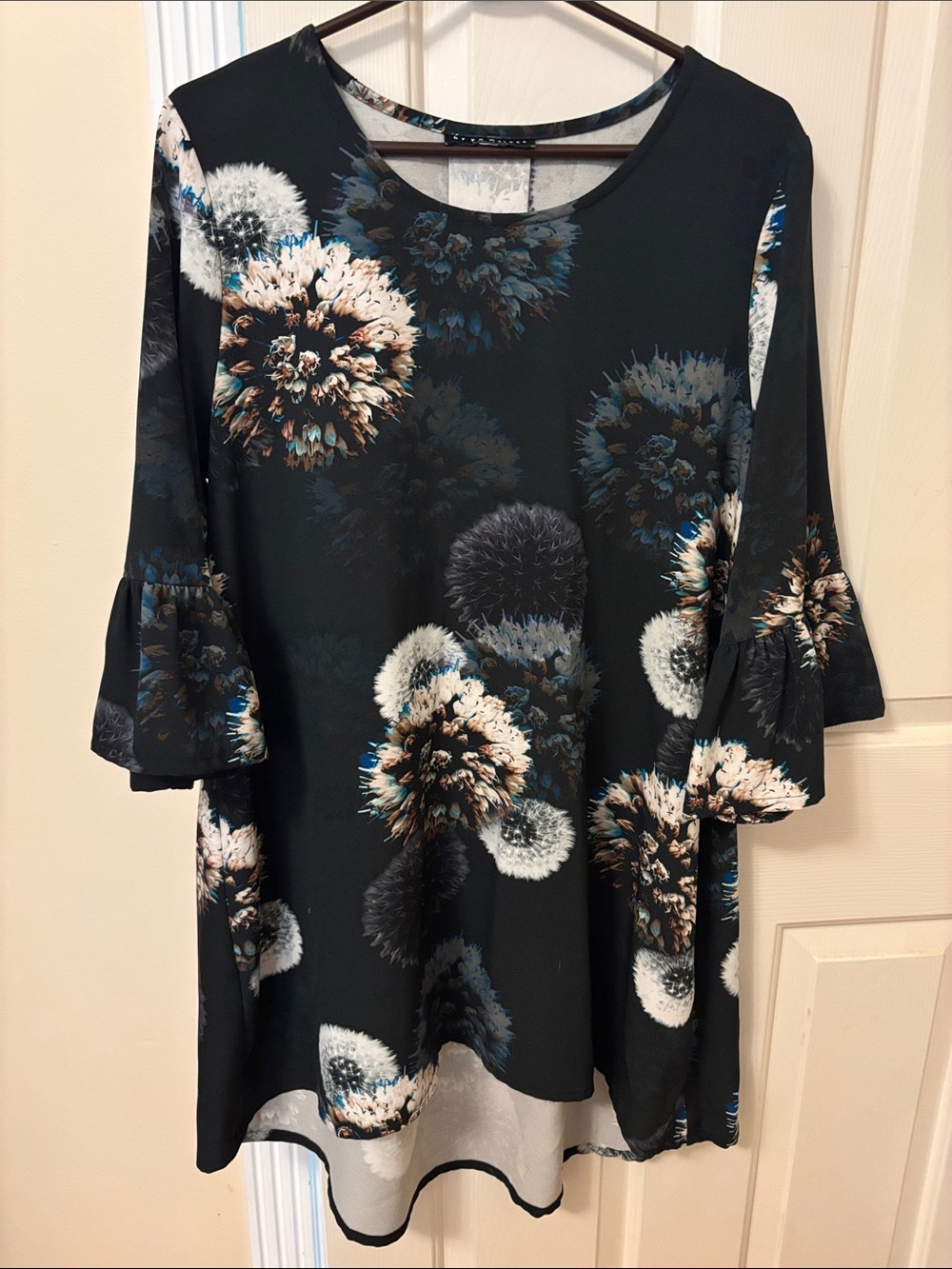 bryn Walker Black Floral Bell-Sleeve Tunic with Cream & Blue Accents